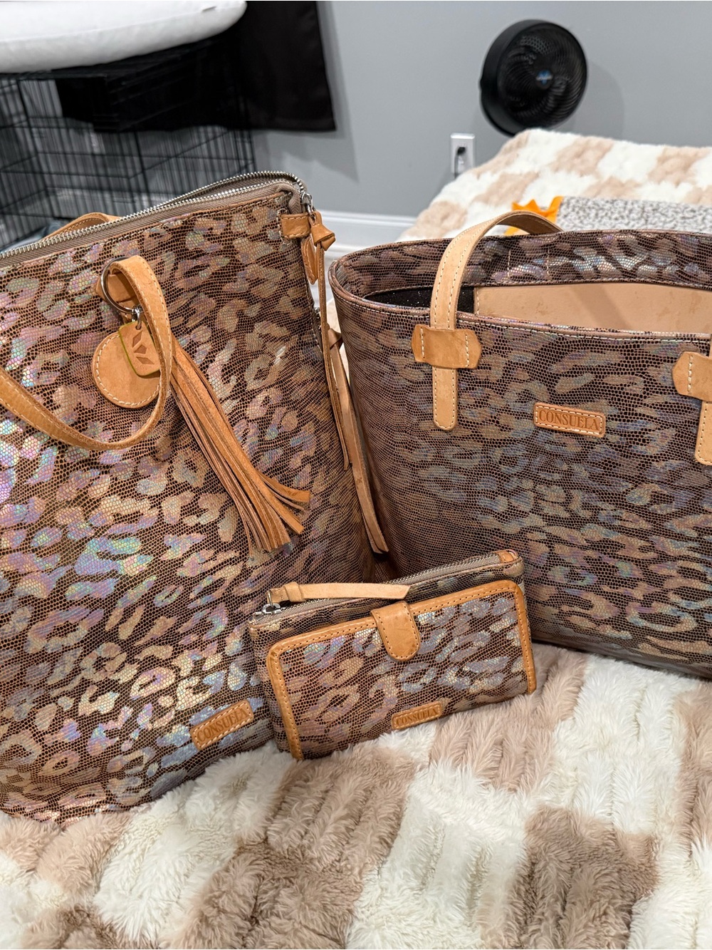 Consuela Brown Iridescent Leopard Tote and Wristlet Trio